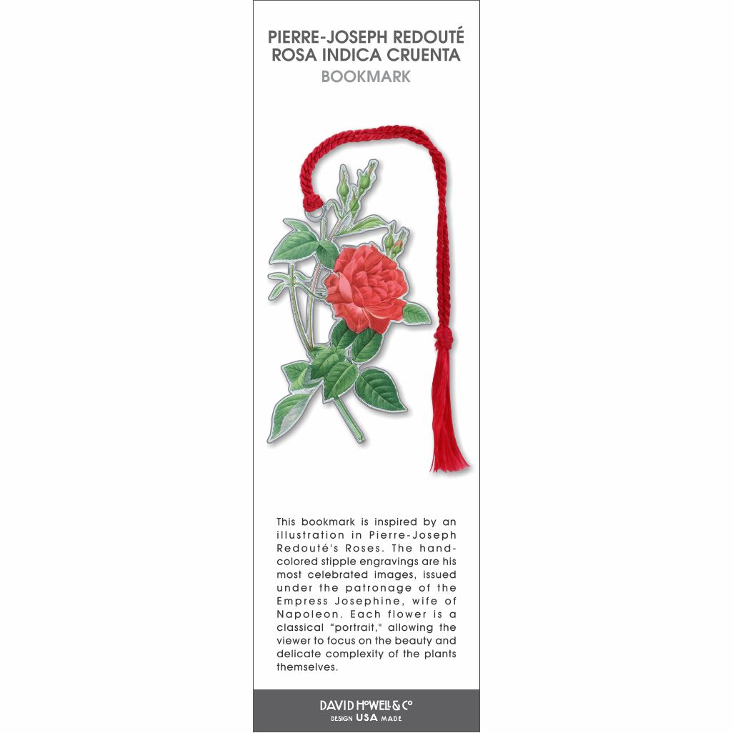 Rosa Indica Cruenta bookmark inspired by Pierre-Joseph Redouté, featuring a detailed botanical illustration of a red rose with green leaves and a red tassel.