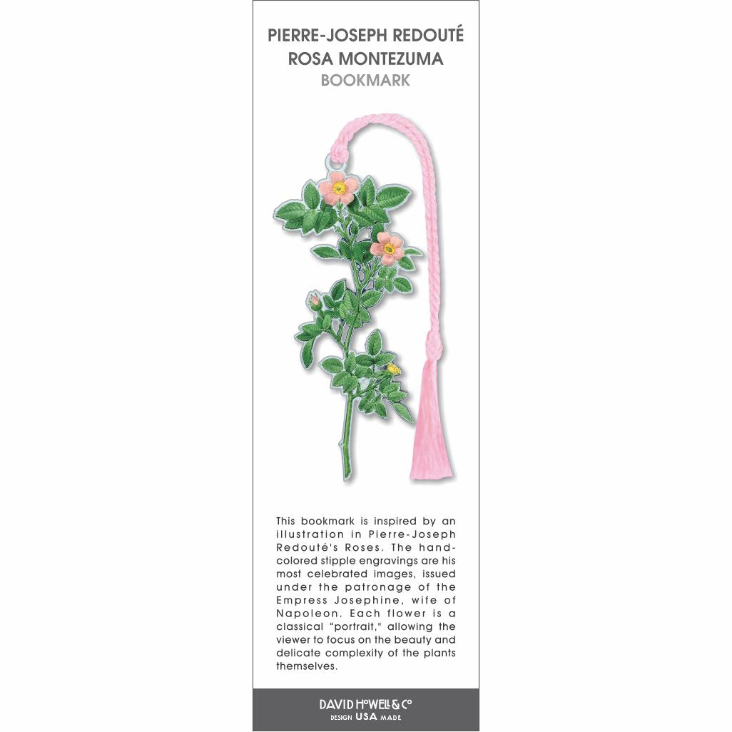 Rosa Montezuma metal bookmark inspired by Pierre-Joseph Redouté, featuring a botanical illustration of a flowering rose stem with pink blossoms and green leaves, paired with a pink tassel.