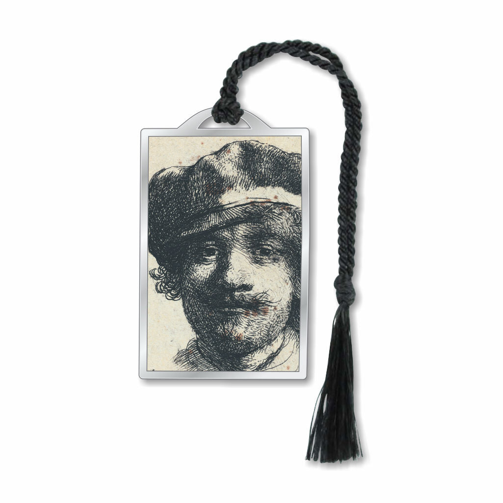 A silver metal bookmark featuring a black and white print of Rembrandt's self-portrait, with a silver finish and a black tassel.
