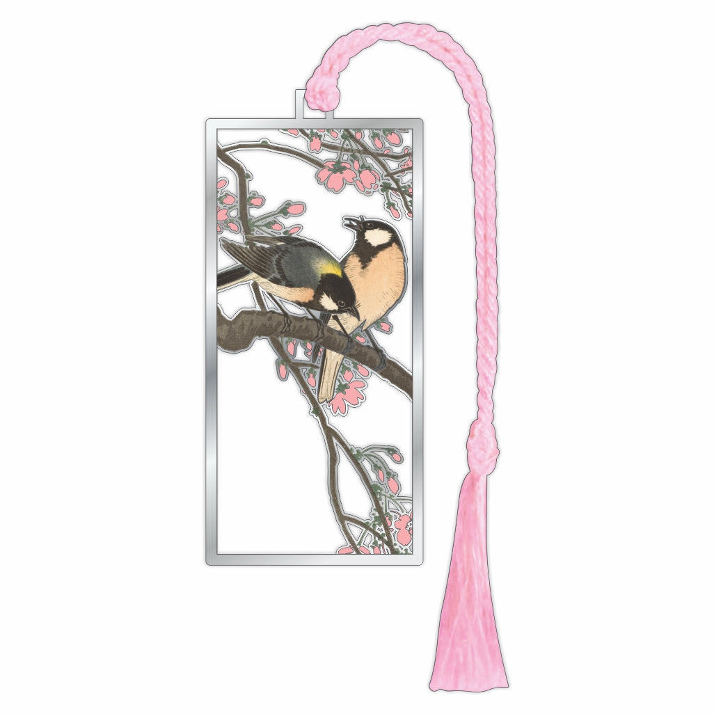Shijukara On Cherry Blossom Metal Bookmark featuring a Japanese tit, perched among delicate cherry blossoms, capturing the spring Sakura season in Japan with soft floral imagery and the bird’s distinctive, lively presence with pink braided tassel for cherry blossom season gift and book lovers collector item.