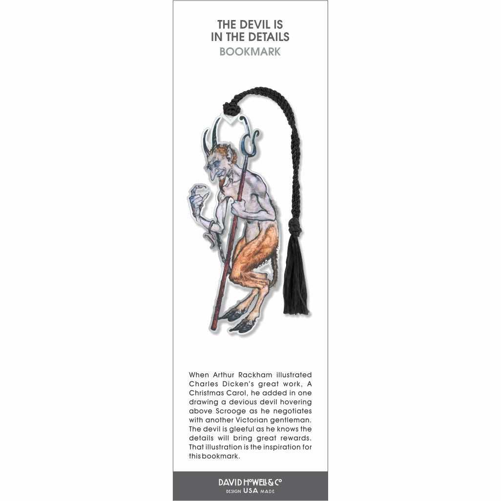 Devil Is in the Details bookmark with horned devil holding trident, detailed illustration, and black tassel.