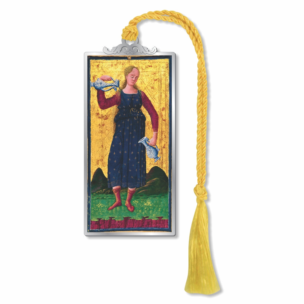 Visconti-Sforza Tarot Card Temperance bookmark featuring a colorful medieval-style Temperance figure framed in silver-tone metal with a yellow braided tassel.