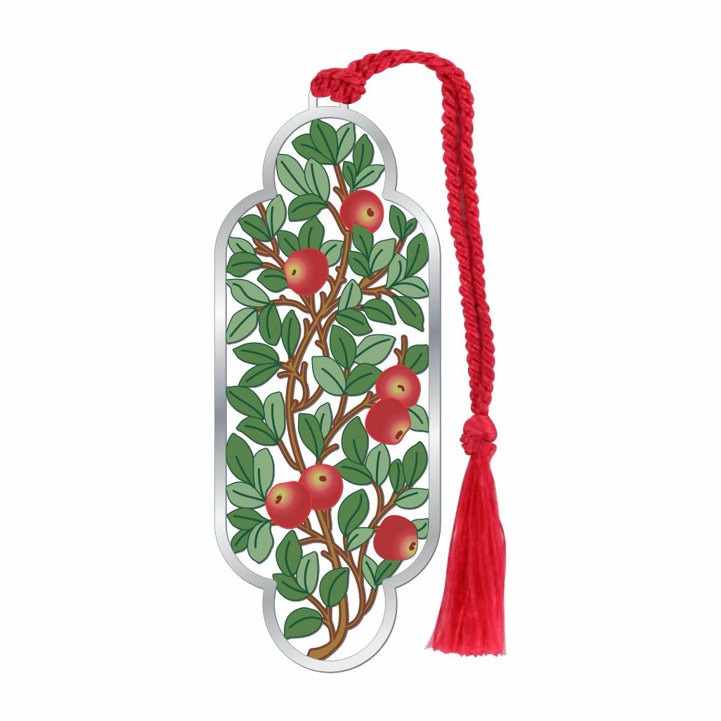 William Morris Bookmark with red apples and green leaves design with red braided tassel