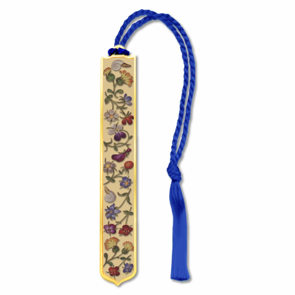 Metal bookmark inspired by Matteo da Milano’s illuminated manuscript border featuring detailed flora and fauna motifs with Renaissance-style ornamentation and gold decorative elements with blue tassel.