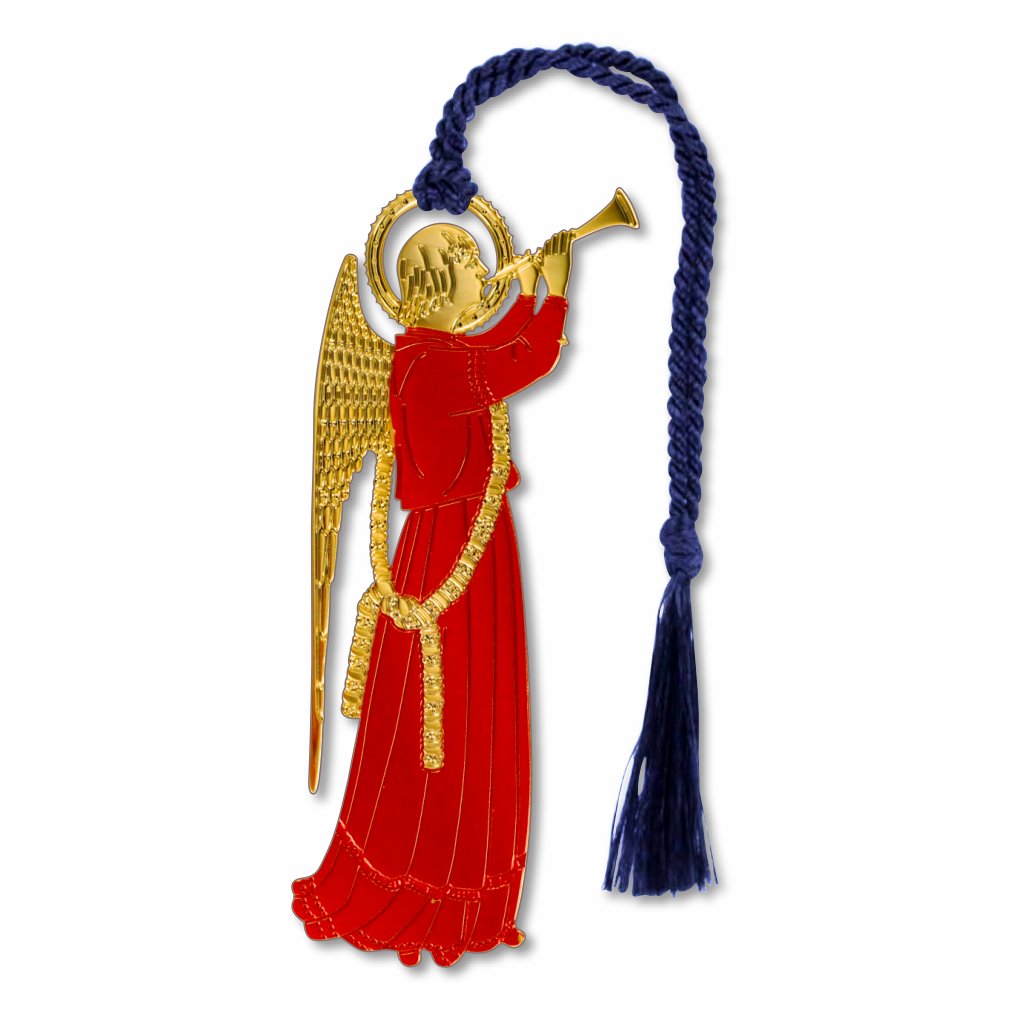 Angel with Trumpet metal bookmark inspired by Fra Angelico’s Renaissance angel paintings, featuring a heavenly angel playing a trumpet with navy braided tassel.