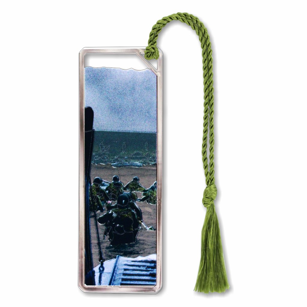 D-Day Beach Landing metal bookmark depicting Allied soldiers landing on the beaches of Normandy during the historic June 6, 1944 invasion, featuring the iconic Higgins landing craft used in World War II with green braided tassel.