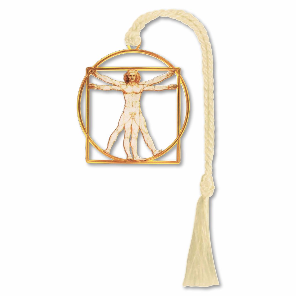 A metal bookmark in the shape of Leonardo da Vinci's Vitruvian Man, with a gold finish and a braided cream tassel.