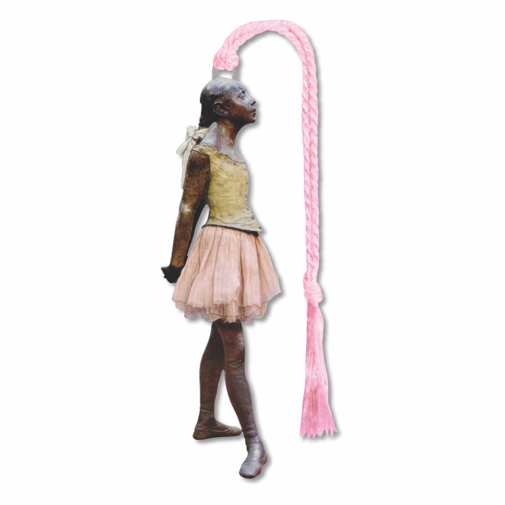Degas Small Dancer metal bookmark inspired by Edgar Degas’ ballerina sketches, featuring a delicate ballet dancer in graceful motion with pink braided tassel.