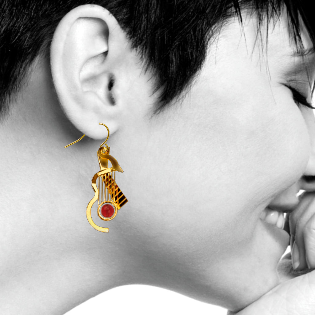 Cubist Guitar Gold Earrings, Carnelian Bead