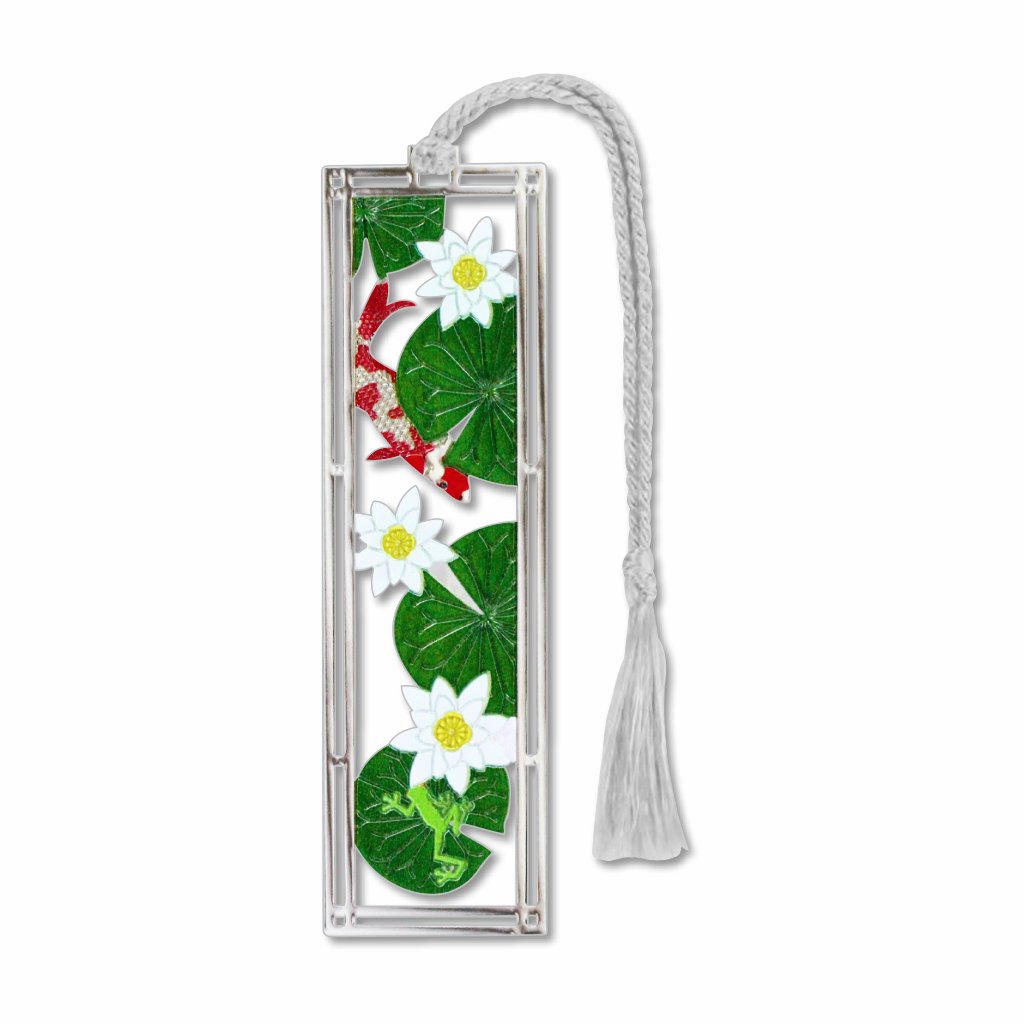 A silver metal bookmark with a fragrant water lily design, featuring a clear enclosure around the floral pattern with a fish and frog. Finished with a silver.