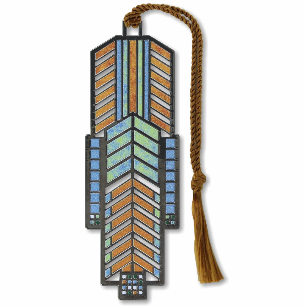 Frank Lloyd Wright Dana-Thomas House Metal Bookmark is foundation-approved, featuring a geometric pattern in blue and orange, resembling a stained glass window with a brown braided tassel