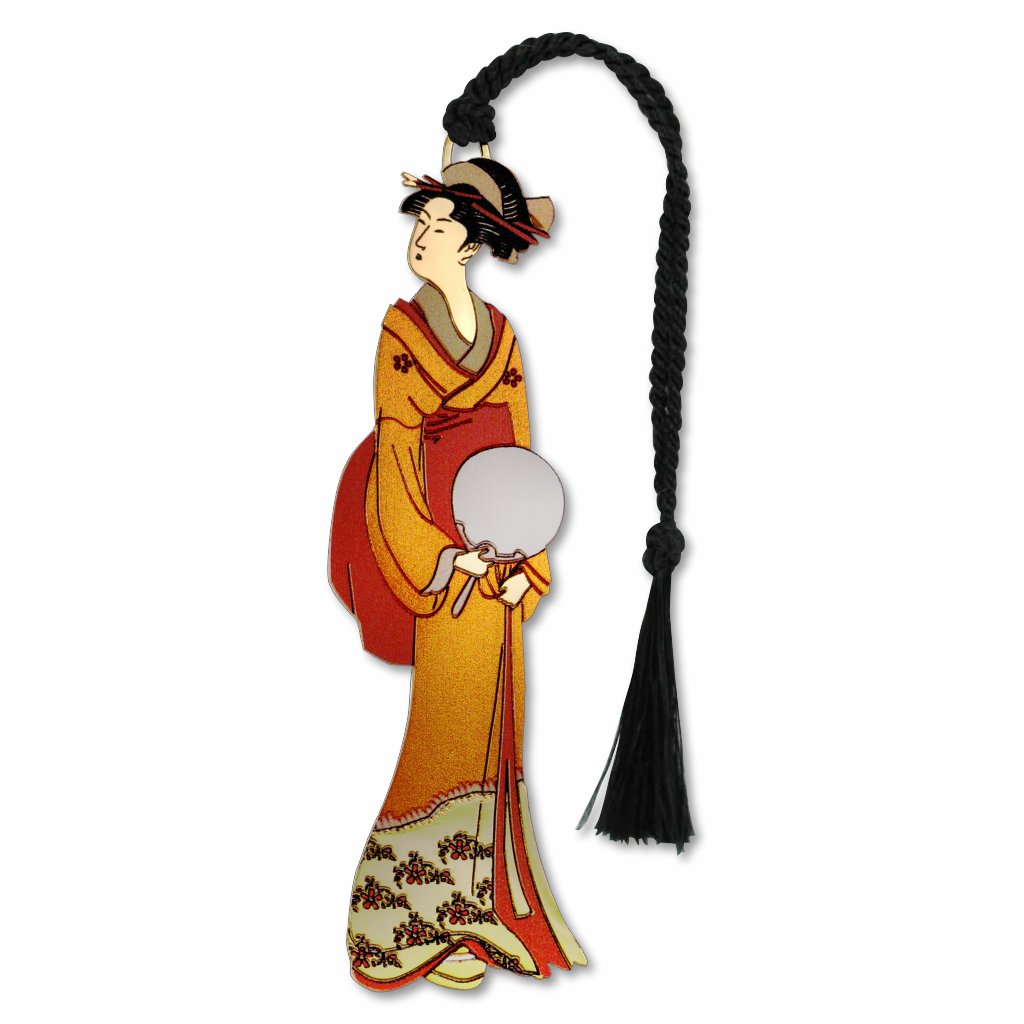 Geishaholding a fan metal bookmark inspired by Kitagawa Utamaro ukiyo-e courtesan art from Edo-period Japan with black tassel.