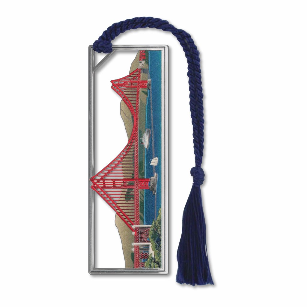 A metal bookmark with a depiction of the Golden Gate Suspension Bridge, with boats and San Francisco view in a silver frame with a blue tassel.