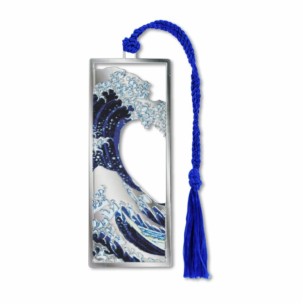 Metal bookmark featuring Katsushika Hokusai’s The Great Wave off Kanagawa, showing a towering curling wave threatening small boats with Mount Fuji in the distance, rendered in classic Edo-period ukiyo-e style with bold blue tones and dramatic composition with blue braided tassel.