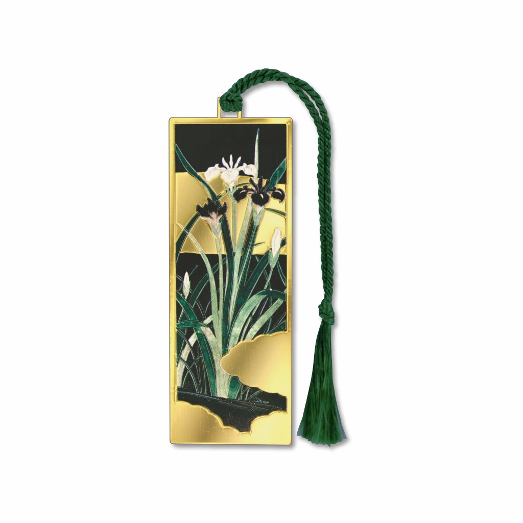 A metal bookmark with a gold finish featuring a floral design with gold accents, green leaves and floral buds attached to a green braided tassel.