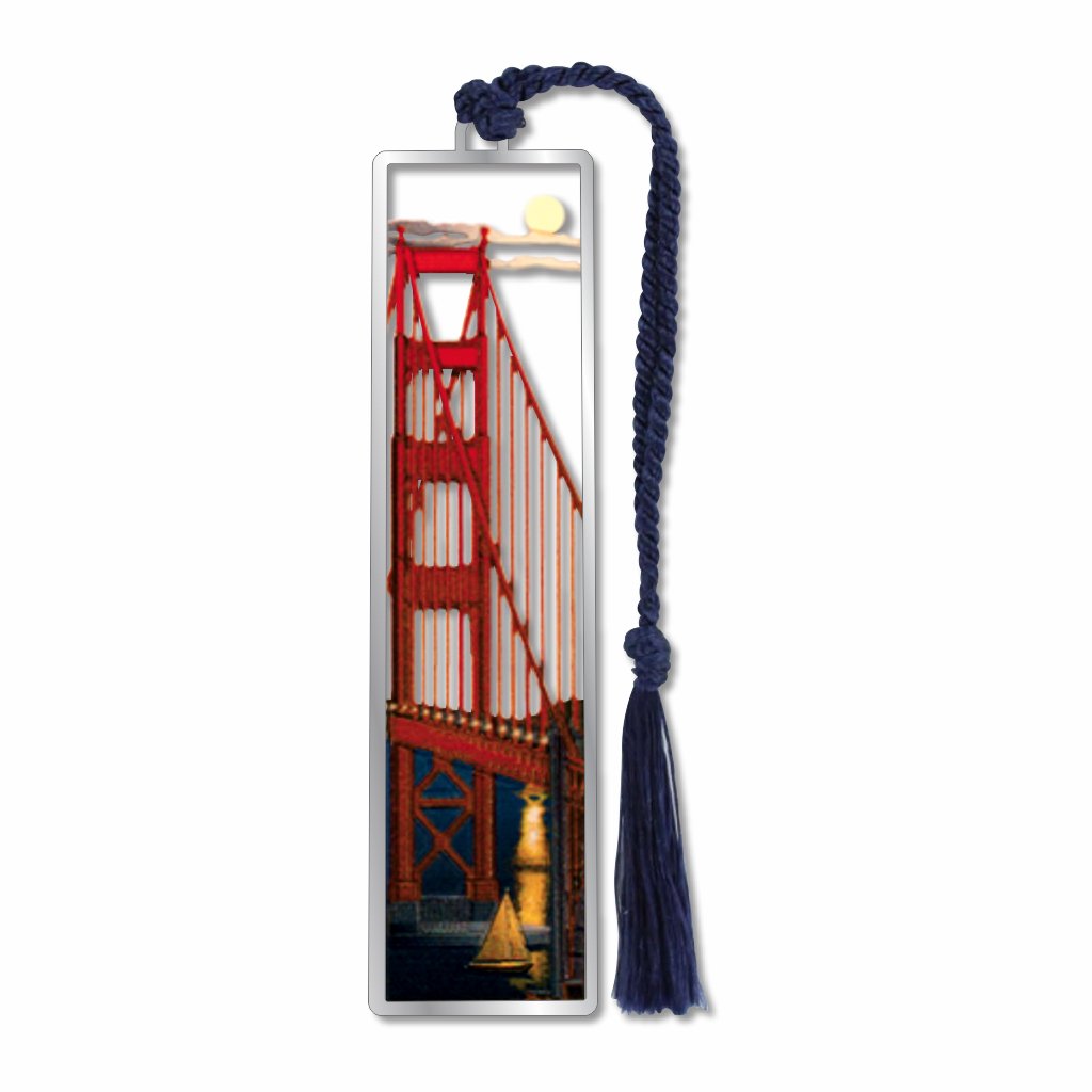 A metal bookmark of Moonlight on the suspension bridge’ bookmark featuring the Golden Gate Bridge at night with a sailboat and blue tassel.