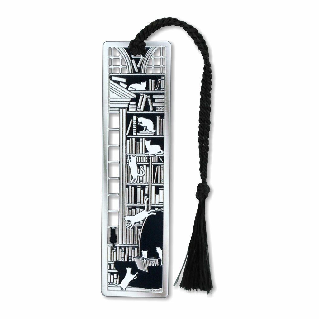 Metal bookmark featuring a cat-inspired design symbolizing the myth that cats have multiple lives, referencing their agility and natural ability to land on their feet with black braided tassel.