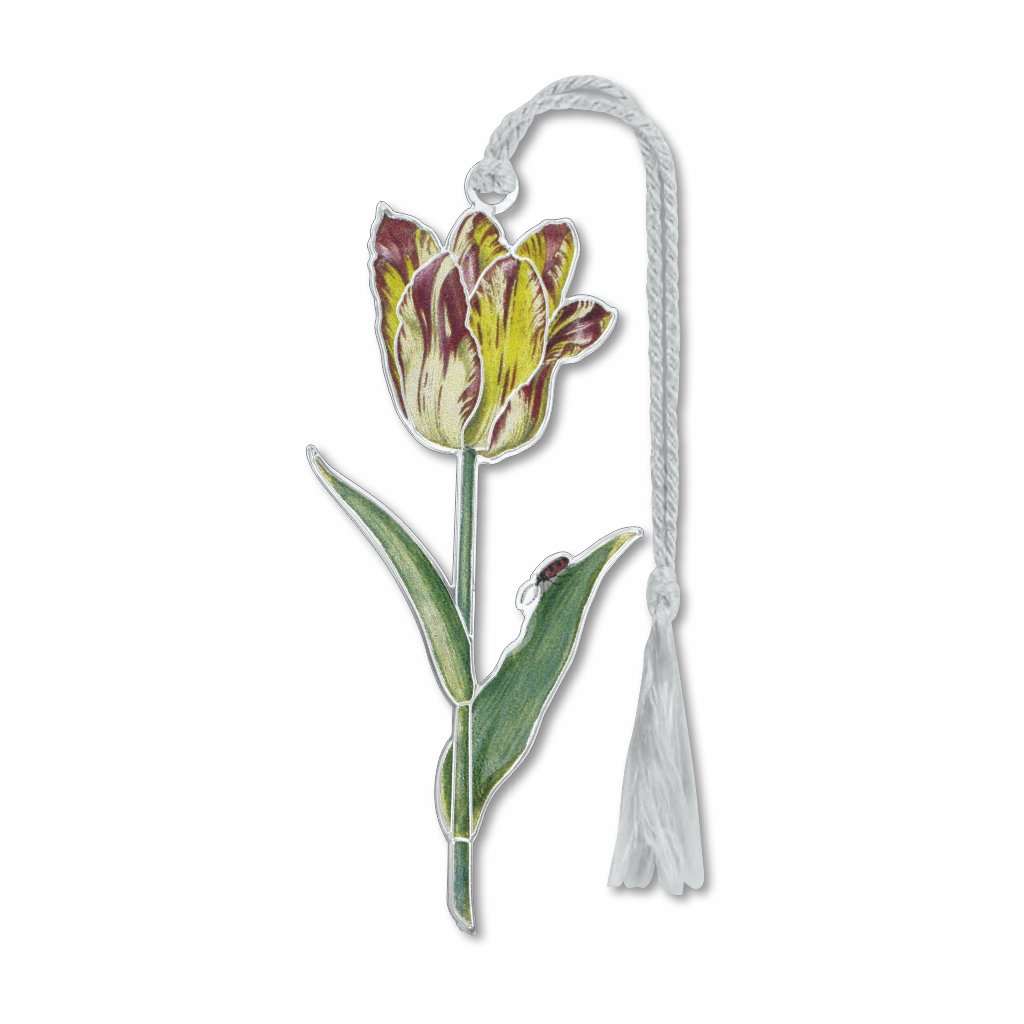 A metal bookmark in the shape of a tulip flower with red, yellow bloom and a bug on a green leaf attached to a gray ribbon tassel.