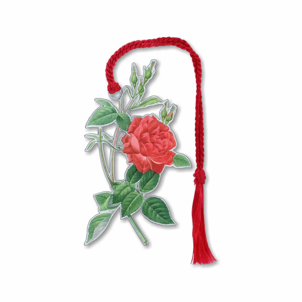 A silver brass metal bookmark with a floral design, featuring a red rose and green leaves with a red braided tassel.
