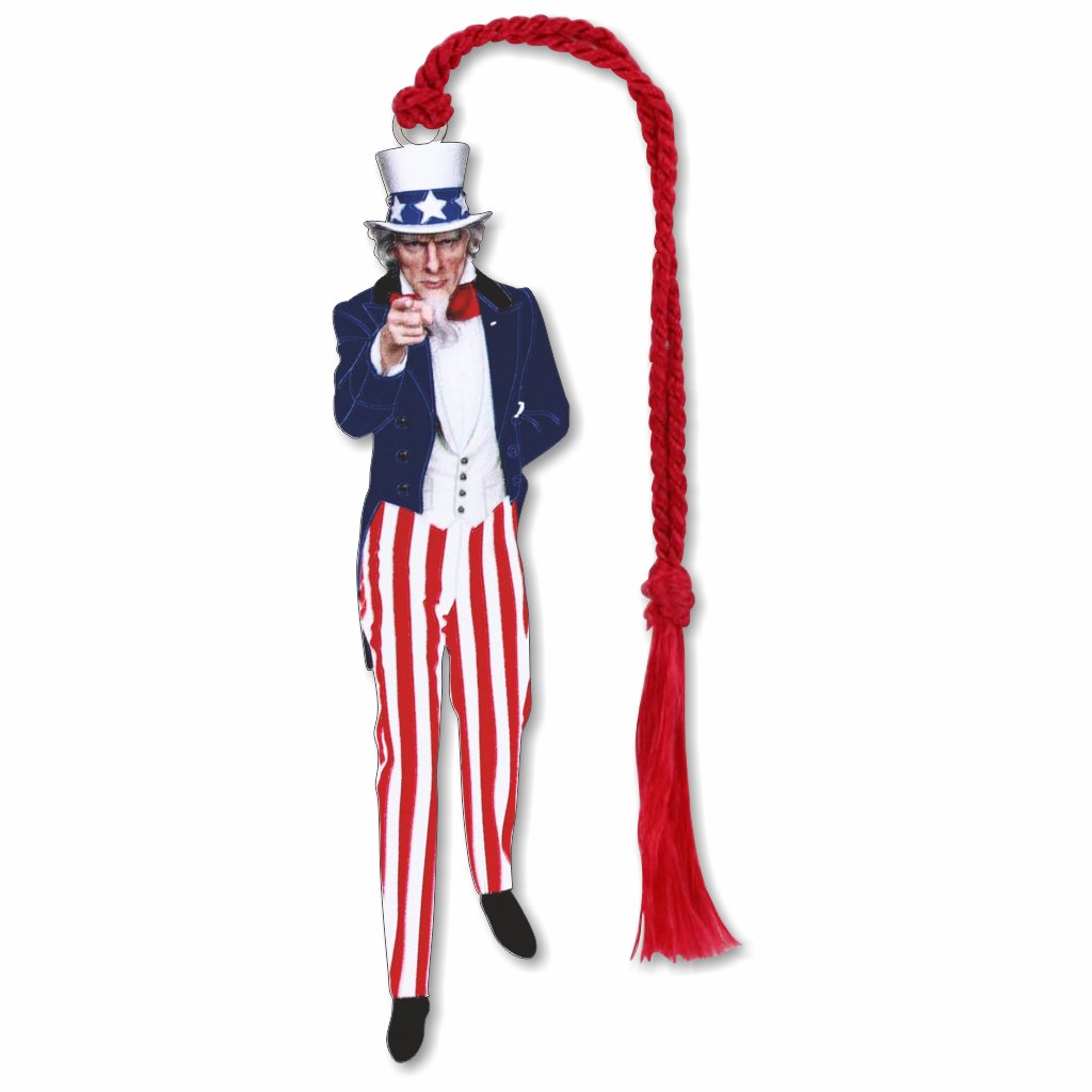A silver metal bookmark with an illustration of Uncle Sam wearing a top hat and striped trousers, holding a red wand, with braided red tassel.