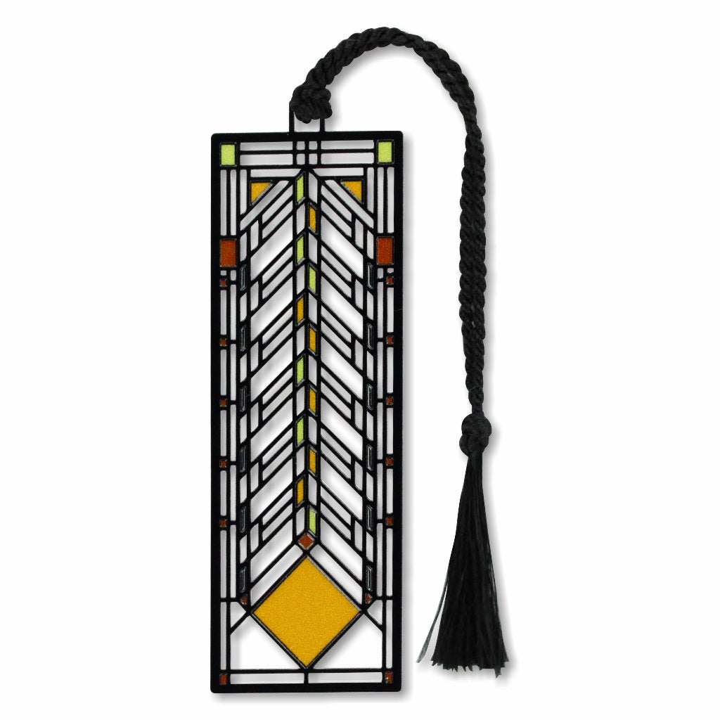 Frank Lloyd Wright Heath House Window Metal Bookmark is foundation-approved, featuring a geometric pattern inspired by a stained glass window design with a green braided tassel.