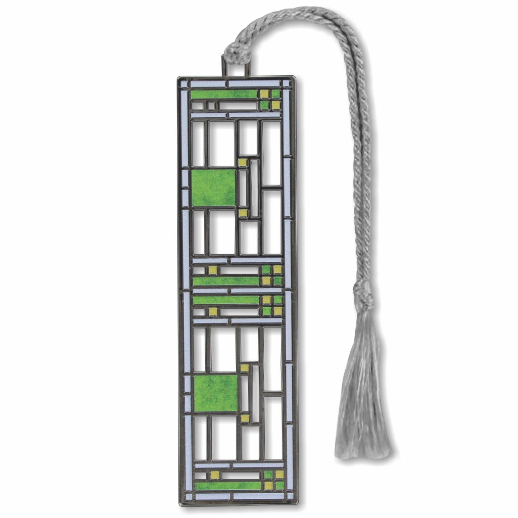 Frank Lloyd Wright Dana-Thomas House Metal Bookmark is foundation-approved, featuring a geometric pattern inspired by a stained glass window design with a brown braided tassel.