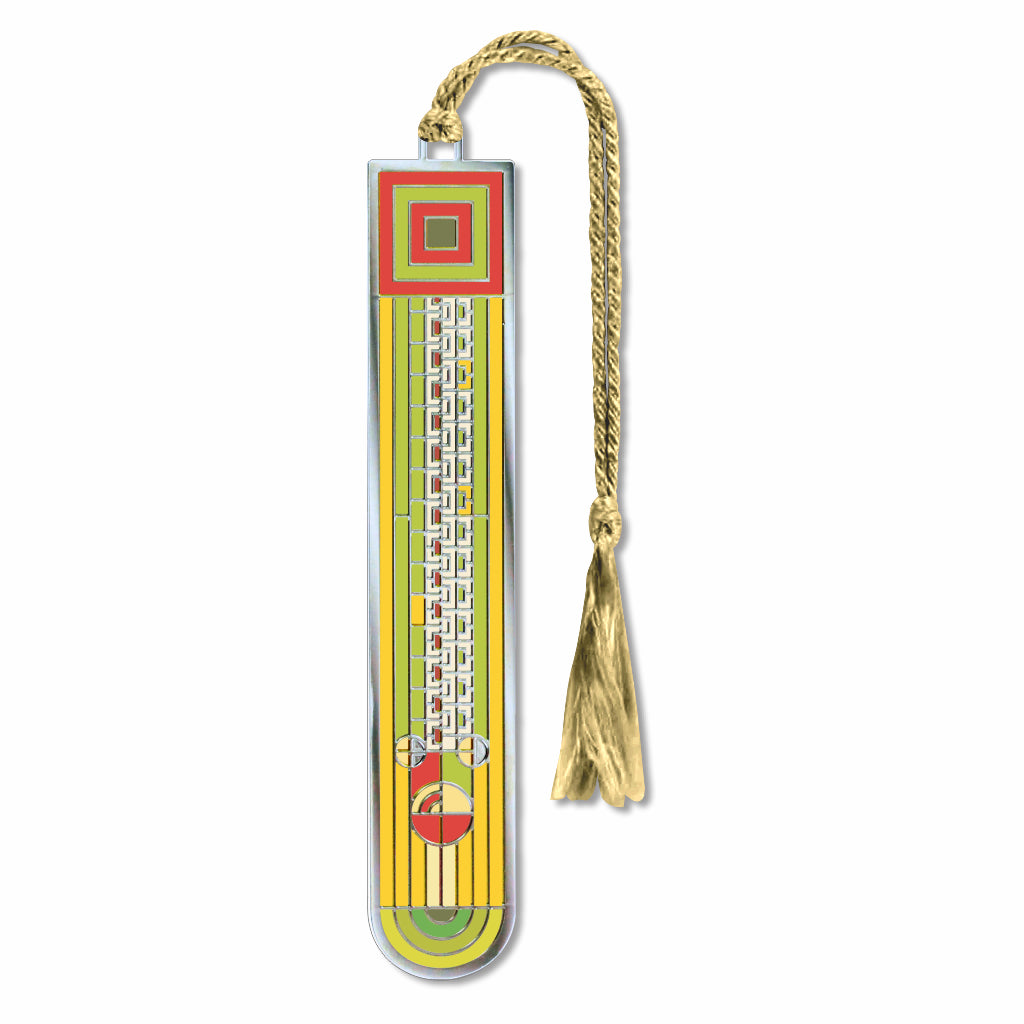 A Frank Lloyd Wright Saguaro Forms Metal Bookmark with a braided gold-colored tassel, featuring a colorful design with a cactus and geometric shapes that is foundation-approved