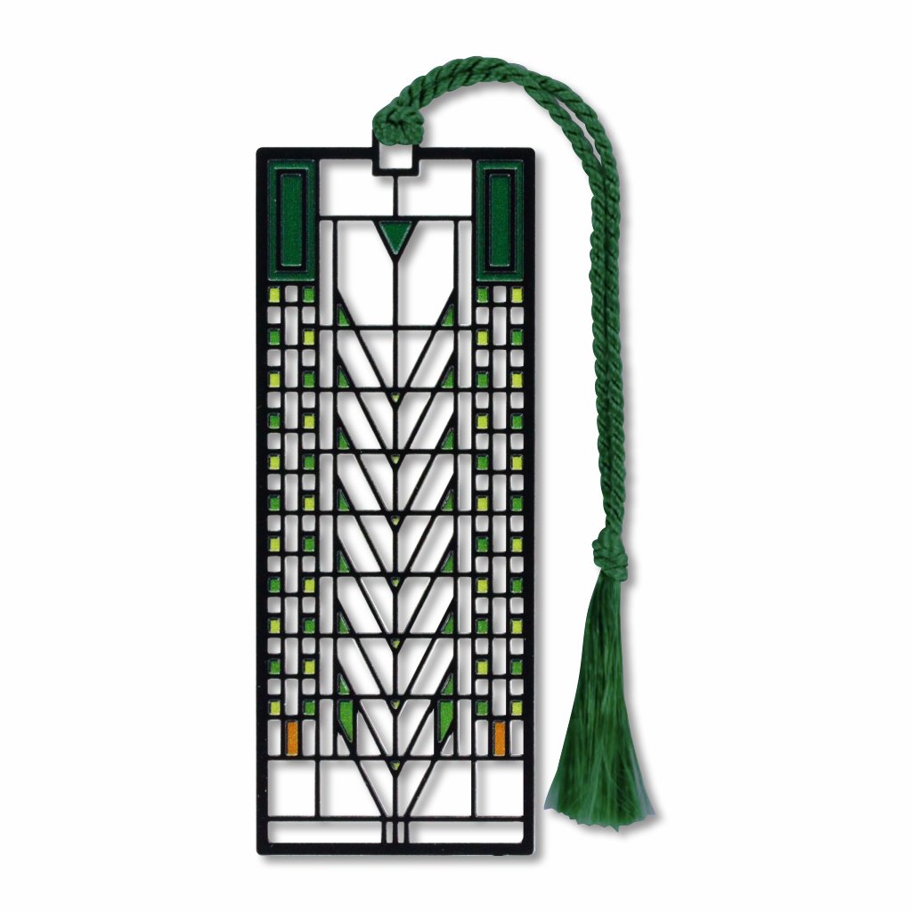 Frank Lloyd Wright Tree of Life Metal Bookmark is foundation-approved, featuring a geometric pattern of prairie-style inspired by a stained-glass window design with a green braided tassel.