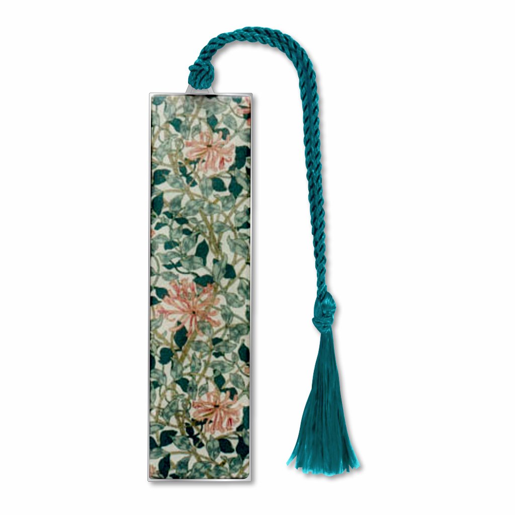 William Morris Floral Honeysuckle Metal Bookmark with green leaf design and green braided tassel