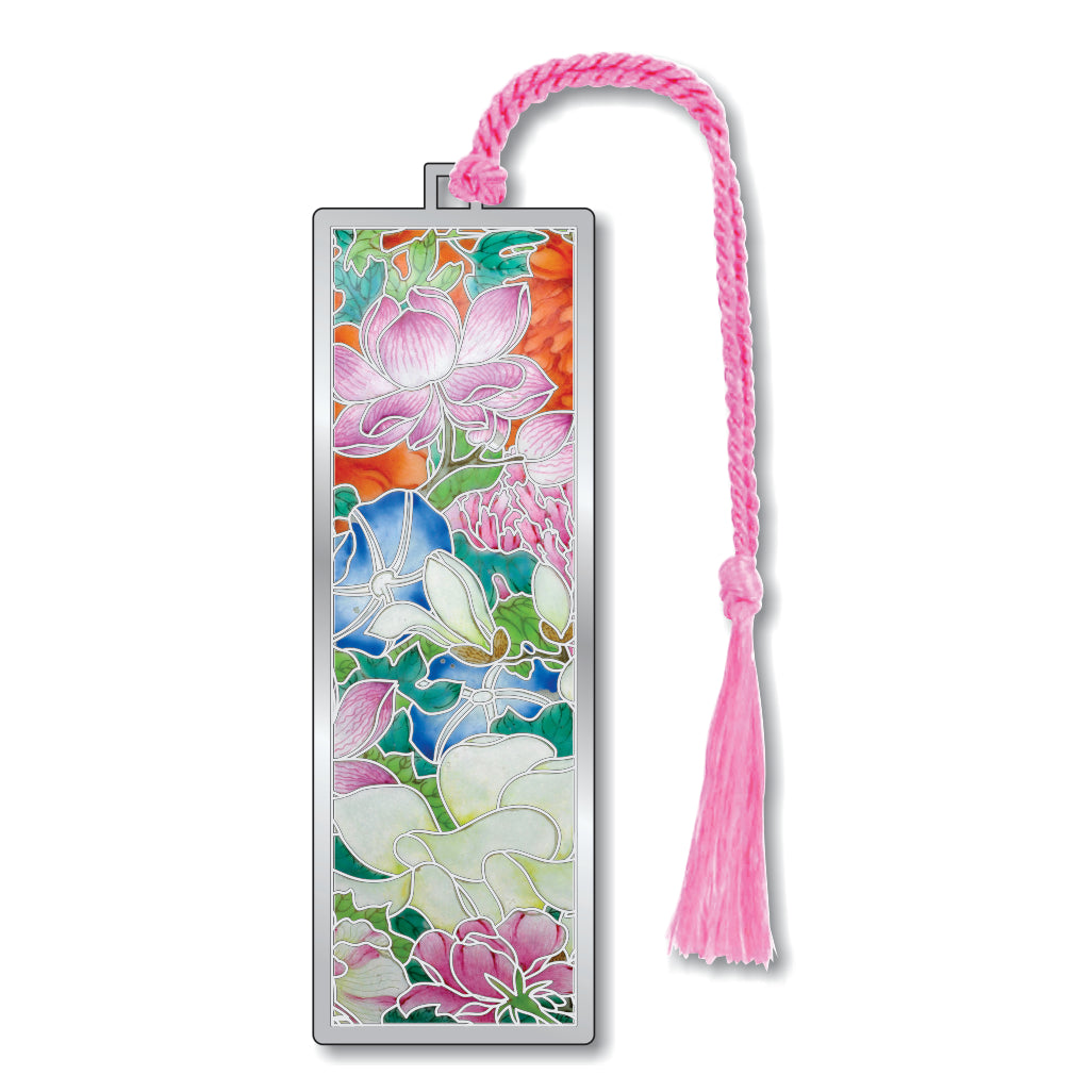 A metal bookmark  with silver finish featuring a colorful floral pattern, attached to a pink braided tassel.