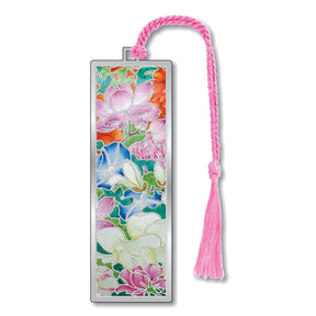 A metal bookmark  with silver finish featuring a colorful floral pattern, attached to a pink braided tassel.