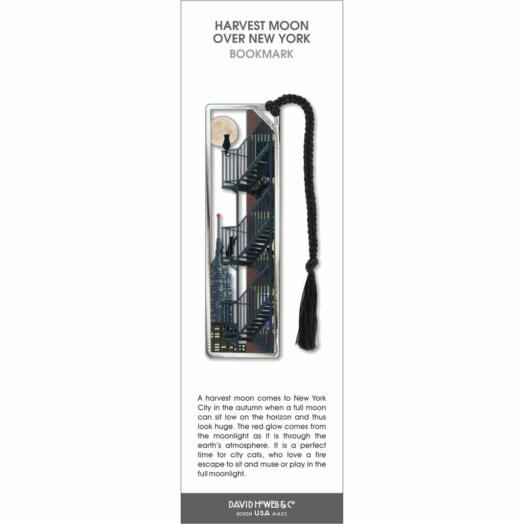 Harvest Moon Over New York bookmark with city fire escape, full moon, skyline, and black tassel.