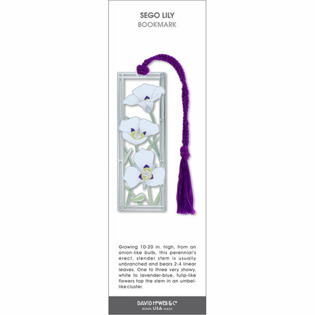 Sego Lily bookmark with white flowers, green stems, and a purple tassel.