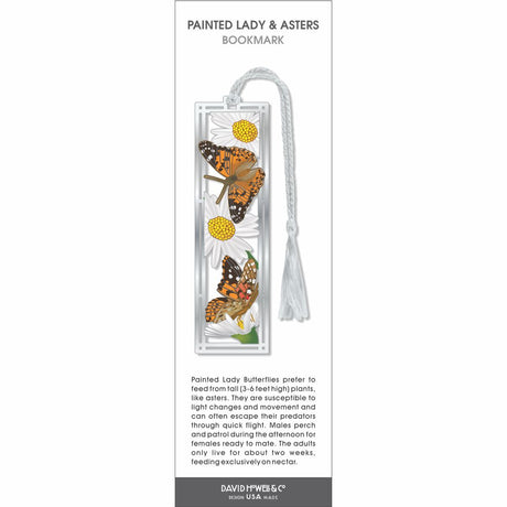 Painted Lady & Asters bookmark featuring orange butterflies on white aster flowers, silver frame, and white tassel.