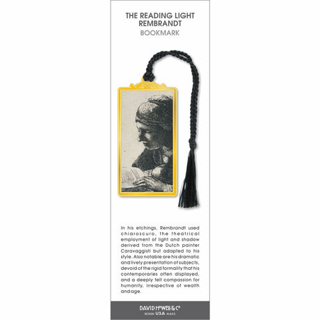 Reading Light Rembrandt bookmark with etched portrait of person reading, gold frame, and black tassel.