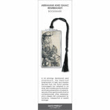 Abraham and Isaac Rembrandt bookmark with etched scene of bearded man and child, silver frame, and black tassel.