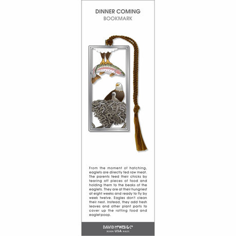 Dinner Coming bookmark, eagle nest scene with fish overhead, silver frame, and brown tassel