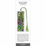 Iris, Lily, Cattail & Dragonfly bookmark, stained glass style with purple iris, green leaves, and dragonfly, green tassel