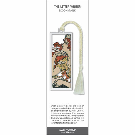 The Letter Writer’ bookmark featuring an Art Nouveau illustration of a red-haired woman, with a cream braided tassel.