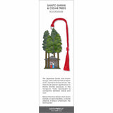Shinto Shrine & Cedar Trees bookmark, small shrine beneath tall green cedars, figures in red and blue, red tassel