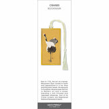 Cranes bookmark, two elegant cranes in a graceful pose against a warm golden background, finished with a soft ivory tassel.
