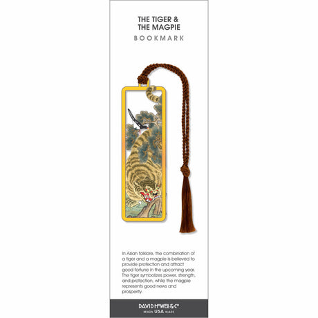Bookmark with tiger and magpie design and tassel