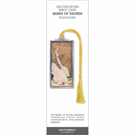 Visconti-Sforza Tarot Card Queen of Swords bookmark featuring a seated queen illustration in a silver-tone frame with a yellow tassel.