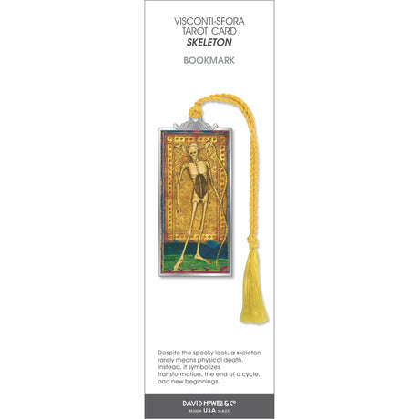 Visconti-Sforza Tarot Card Skeleton bookmark featuring a vintage skeleton illustration in a silver-tone frame with a yellow tassel, symbolizing transformation and new beginnings.