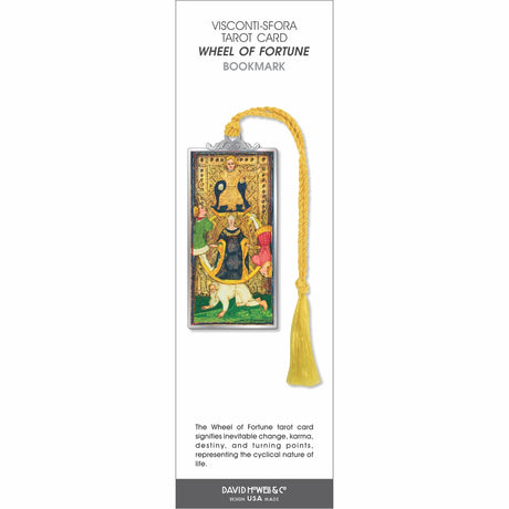 Visconti-Sforza Tarot Card Wheel of Fortune bookmark featuring a medieval-style Wheel of Fortune illustration framed in silver-tone metal with a yellow tassel. 