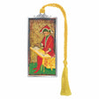 A rectangular metal bookmark featuring a vintage-style illustration of a robed figure at a table, with a decorative silver top loop and a long yellow tassel.