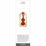 Violin’ bookmark featuring a red violin and bow inside a gold frame with a decorative red ribbon detail.