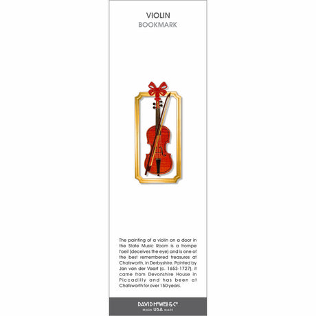 Violin’ bookmark featuring a red violin and bow inside a gold frame with a decorative red ribbon detail.