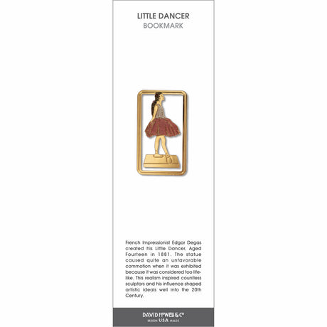 Little Dancer’ bookmark inspired by Degas, showing a young ballerina in a red tutu standing on a base.