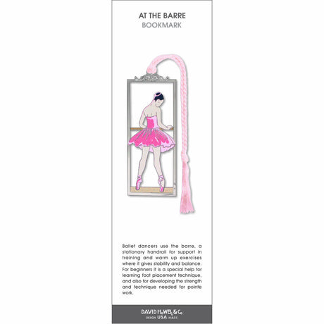 At the Barre’ bookmark featuring a ballerina in a pink tutu practicing at a ballet barre with a pink tassel.